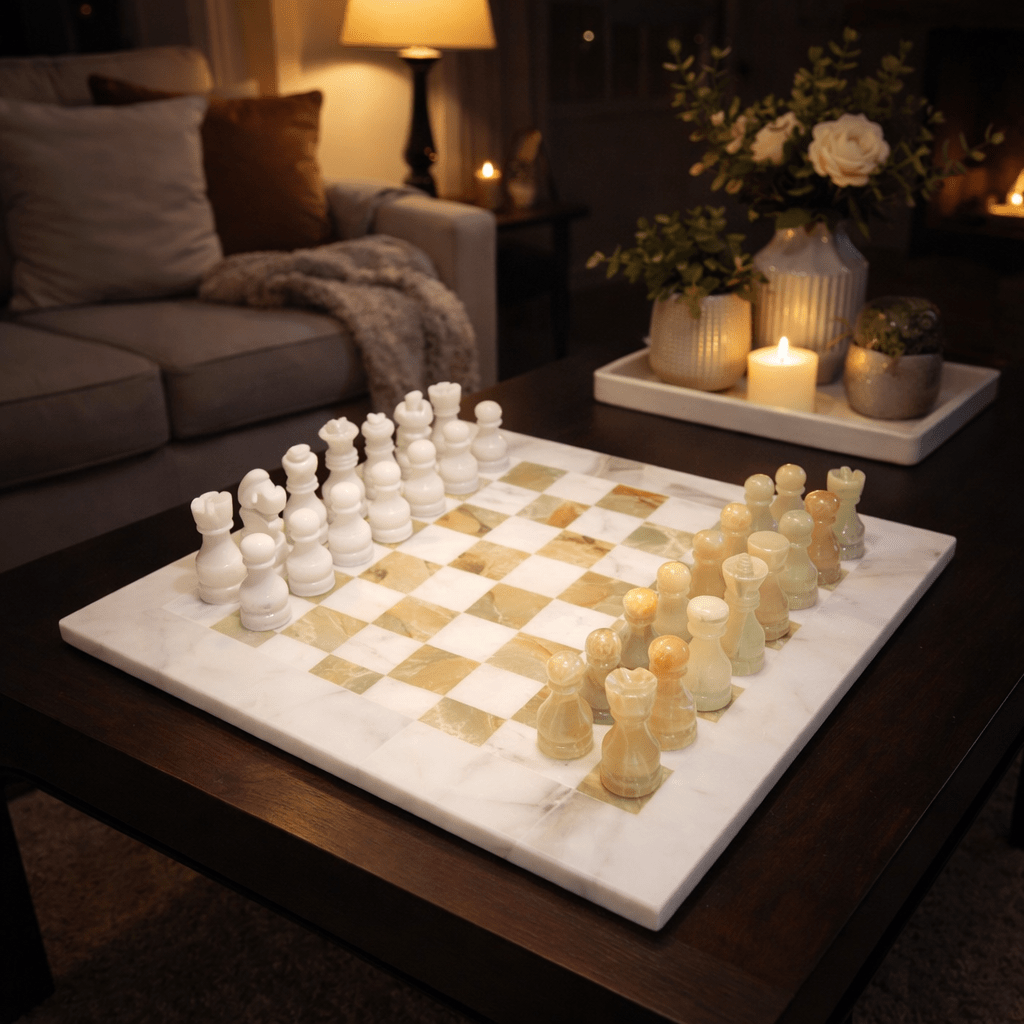 Handmade Onyx Marble Chess Set: White & Green Natural Stone 12x12 inch, with Velvet Case - GOFIRE OUTLET
