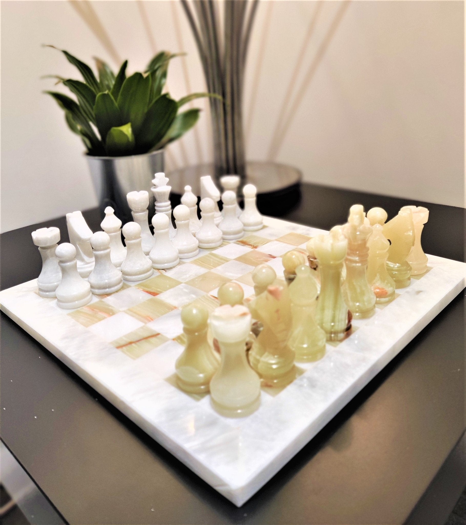 Handmade Onyx Marble Chess Set: White & Green Natural Stone 12x12 inch, with Velvet Case - GOFIRE OUTLET