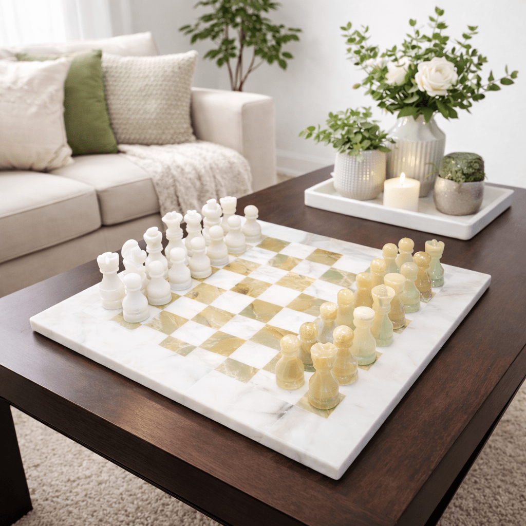 Handmade Onyx Marble Chess Set: White & Green Natural Stone 12x12 inch, with Velvet Case - GOFIRE OUTLET