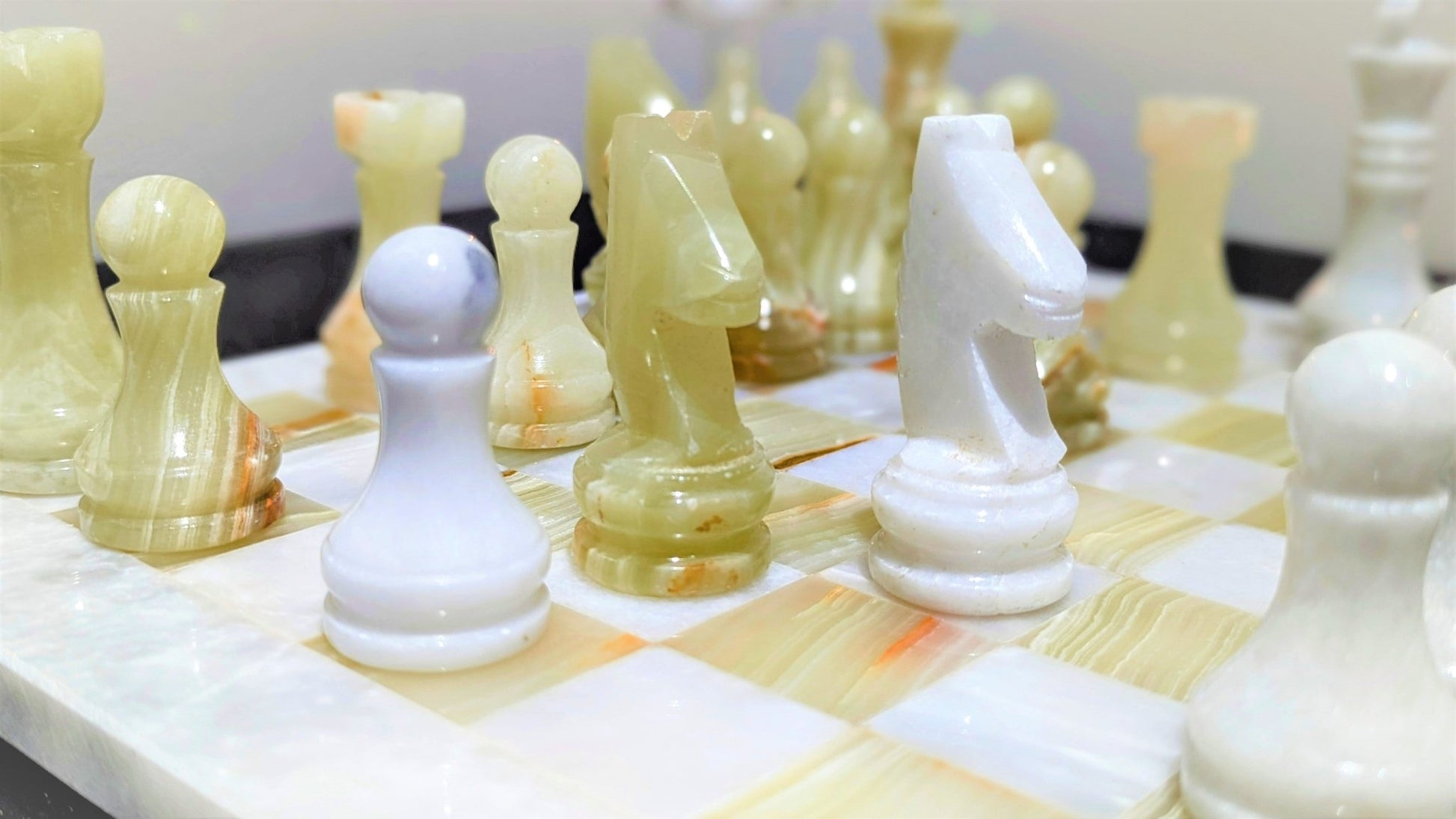 Handmade Onyx Marble Chess Set: White & Green Natural Stone 12x12 inch, with Velvet Case - GOFIRE OUTLET