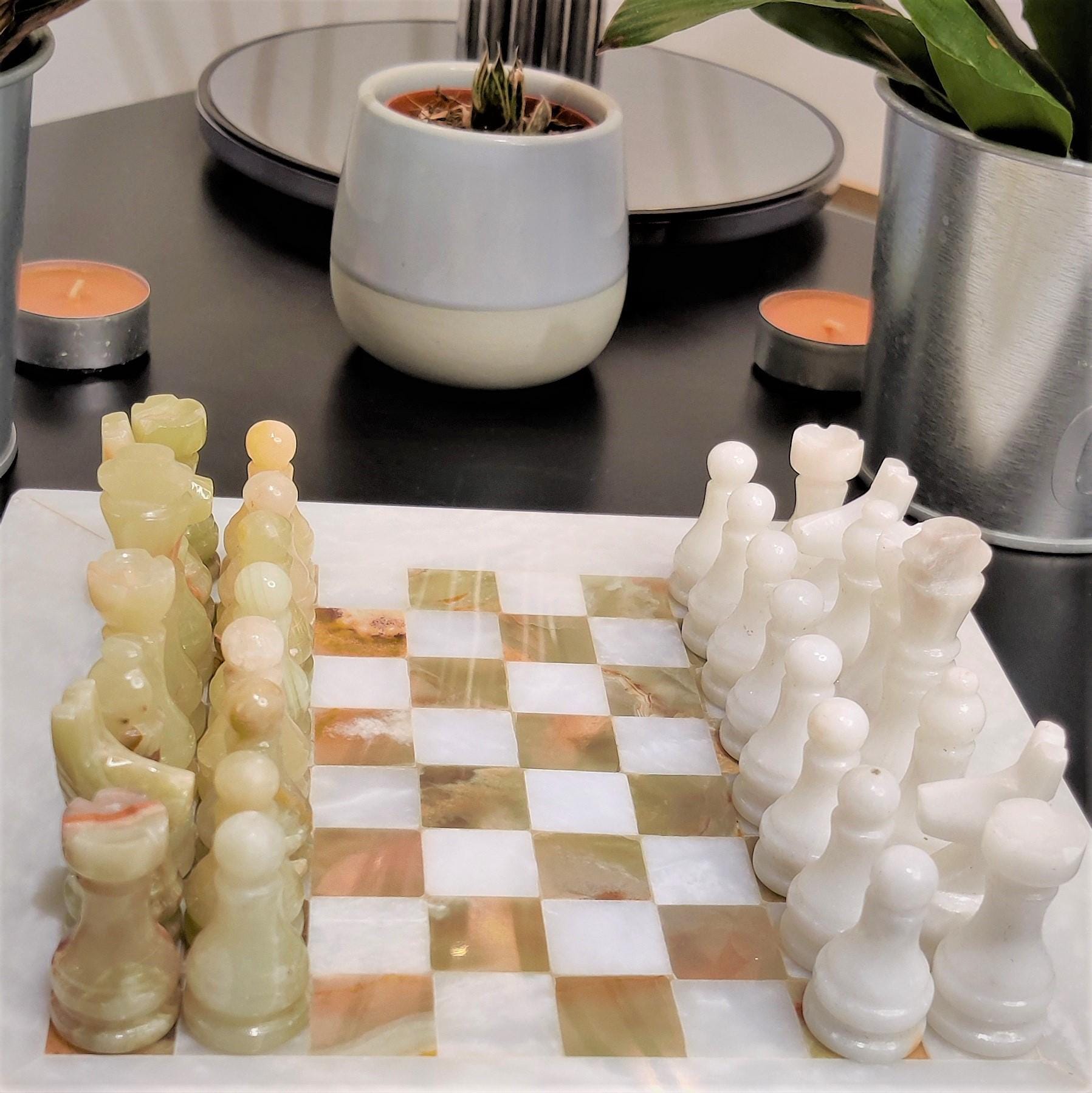 Handmade Onyx Marble Chess Set: White & Green Natural Stone 12x12 inch, with Velvet Case - GOFIRE OUTLET
