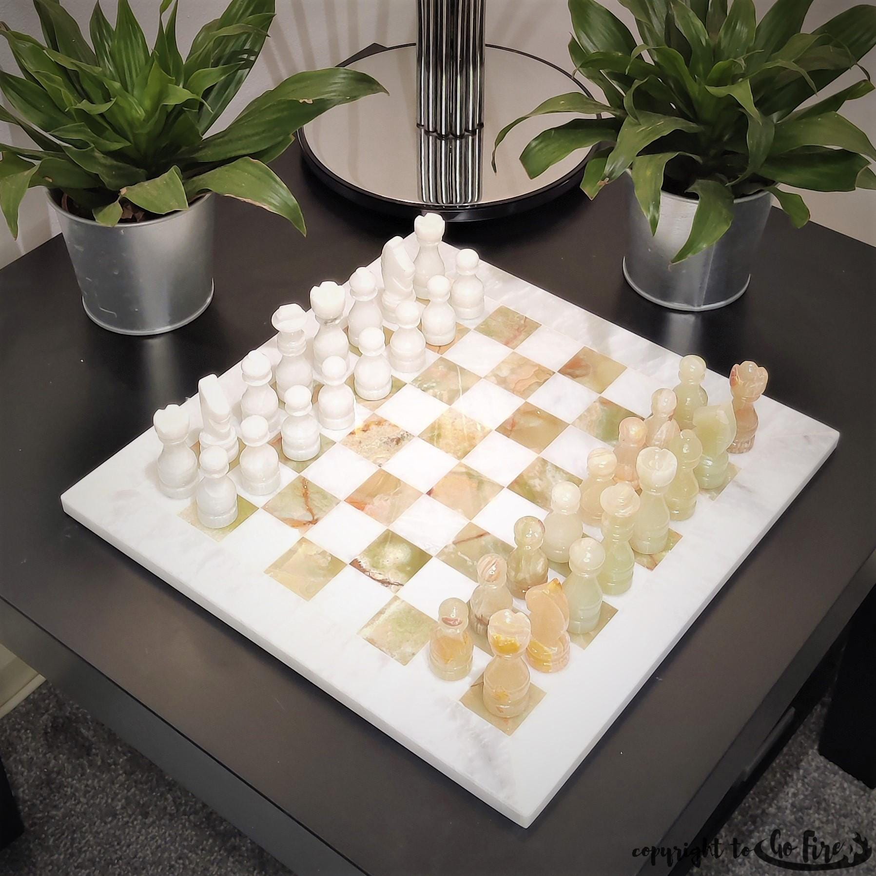 Handmade Onyx Marble Chess Set: White & Green Natural Stone 12x12 inch, with Velvet Case - GOFIRE OUTLET