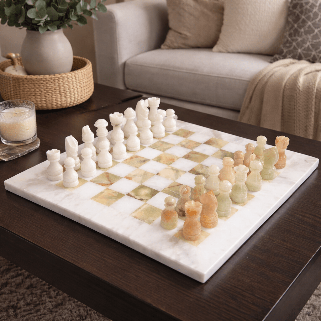 Handmade Onyx Marble Chess Set: White & Green Natural Stone 12x12 inch, with Velvet Case - GOFIRE OUTLET