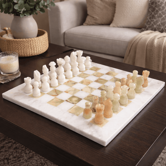 Handmade Onyx Marble Chess Set: White & Green Natural Stone 12x12 inch, with Velvet Case - GOFIRE OUTLET