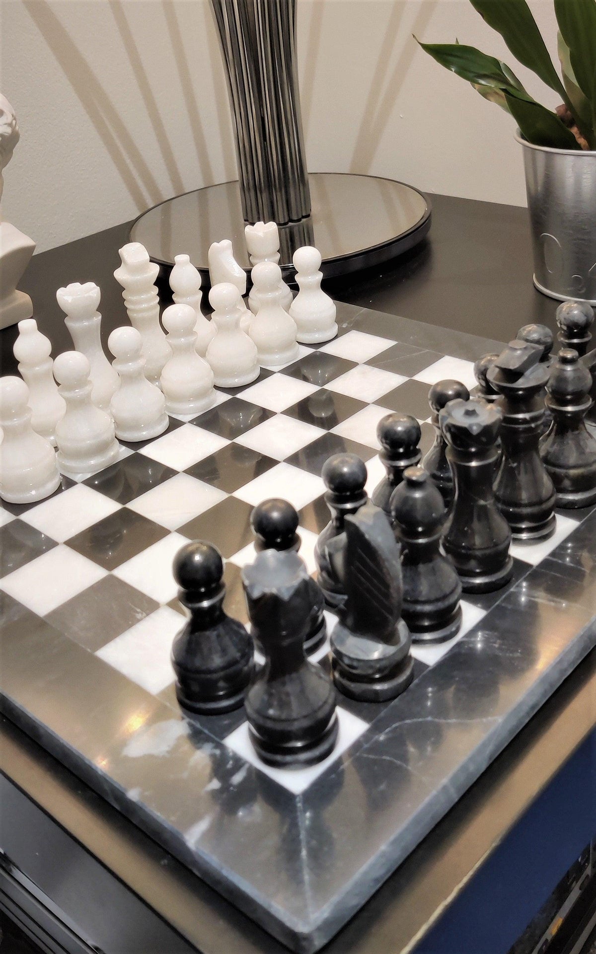 Black and white 12 inch marble chess set, angled