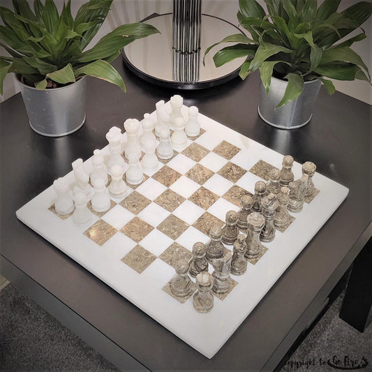 Handmade Marble Chess Set: White and Natural Grey Chess Board with Black Velvet Case