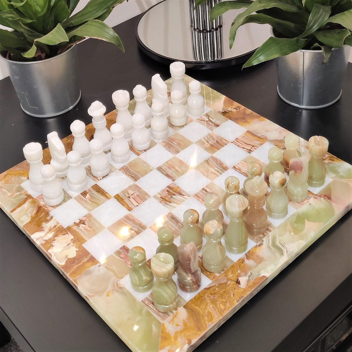 Handmade Marble Chess Set: Onyx Green & White Natural Stone with Velvet Case