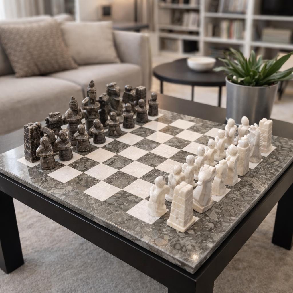 Large grey and beige marble chess set on a coffee table in a living room