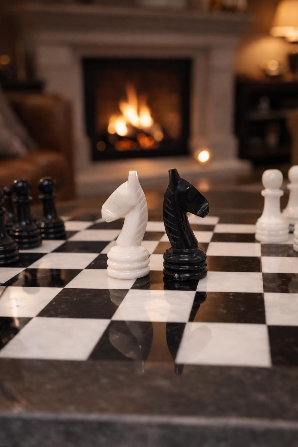 Hand Carved Marble Chess Set: Black & White Stone Board (15x15 inch)