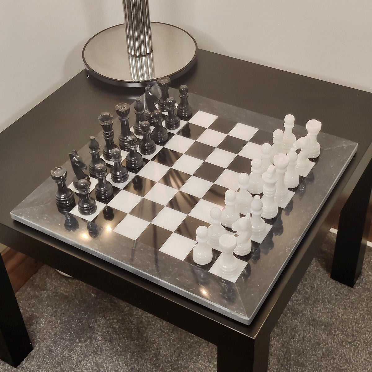 Hand Carved Marble Chess Set: Black & White Stone Board (15x15 inch)