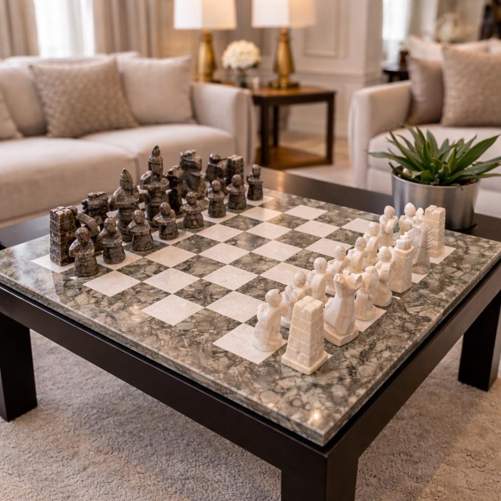 15 inch grey and beige chess set in a softly lit lounge