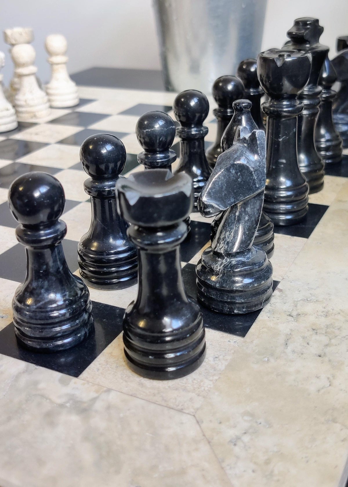 Hand Carved Marble Chess Set: 15x15 Travertine and Black with Velvet Case