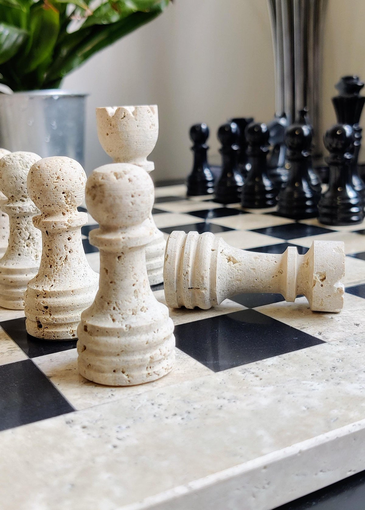 Hand Carved Marble Chess Set: 15x15 Travertine and Black with Velvet Case