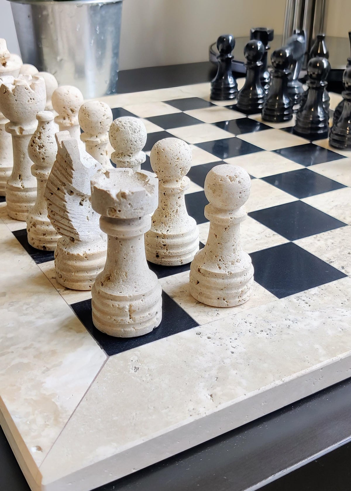 Hand Carved Marble Chess Set: 15x15 Travertine and Black with Velvet Case