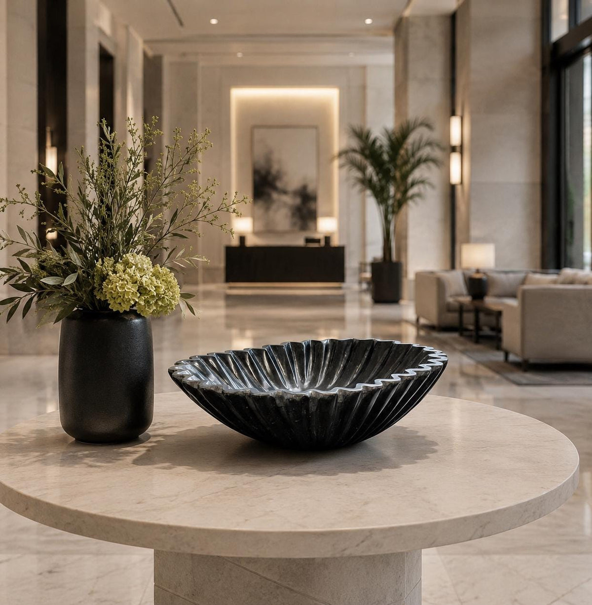 Hand-Carved Black Marble Bowl: Zigzag Border, Dining Table Centerpiece, with Velvet Box