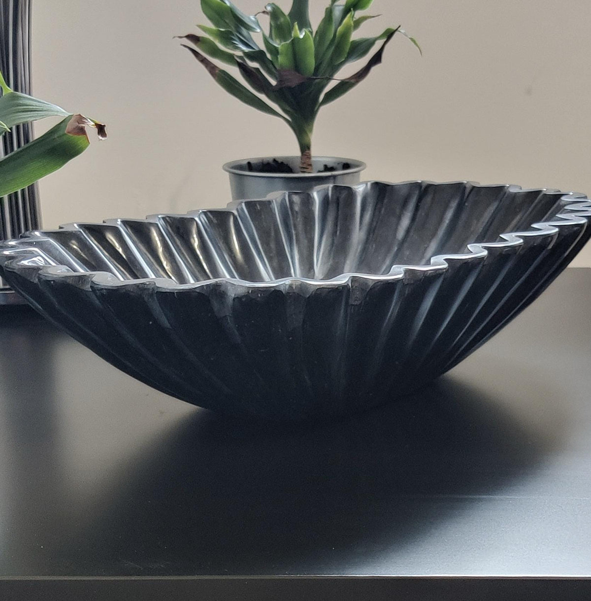 Hand-Carved Black Marble Bowl: Zigzag Border, Dining Table Centerpiece, with Velvet Box