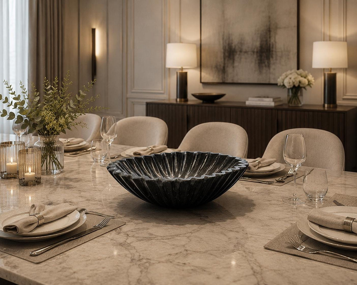 Hand-Carved Black Marble Bowl: Zigzag Border, Dining Table Centerpiece, with Velvet Box