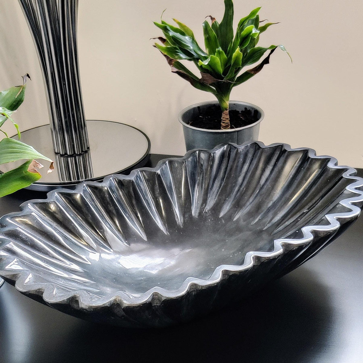 Hand-Carved Black Marble Bowl: Zigzag Border, Dining Table Centerpiece, with Velvet Box