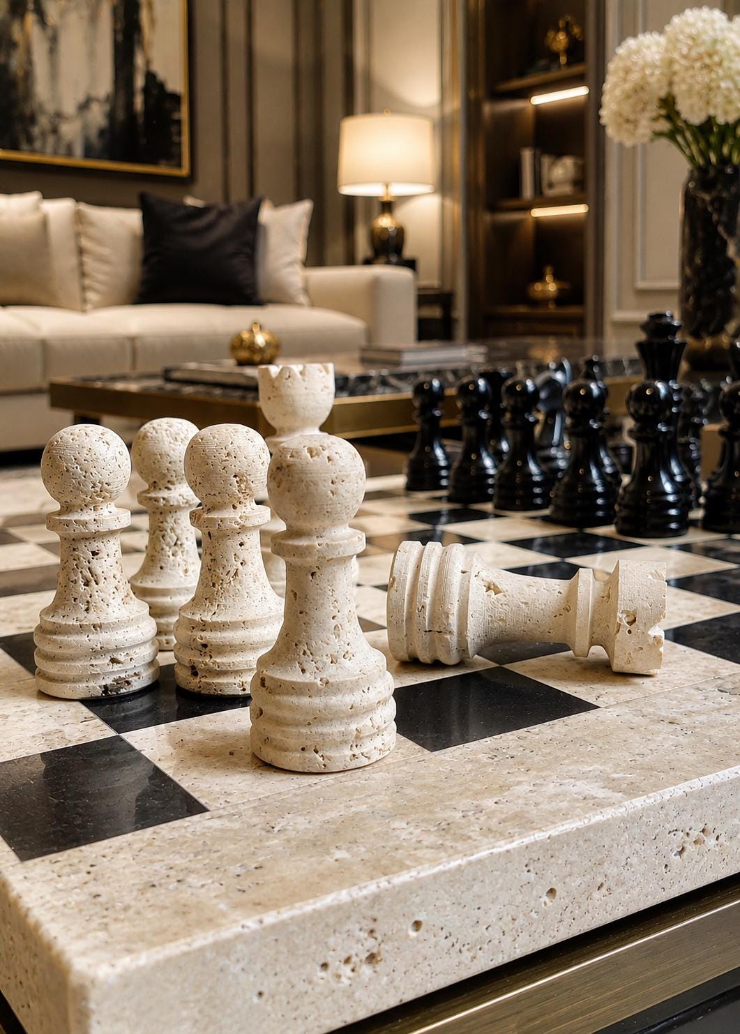 Hand Carved Marble Chess Set: 15x15 Travertine and Black with Velvet Case