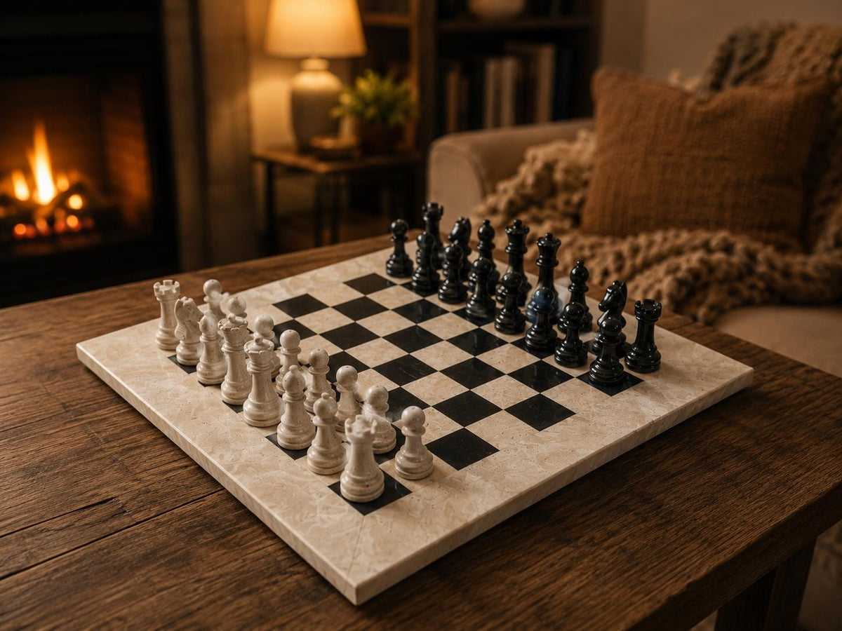 Hand Carved Marble Chess Set: 15x15 Travertine and Black with Velvet Case