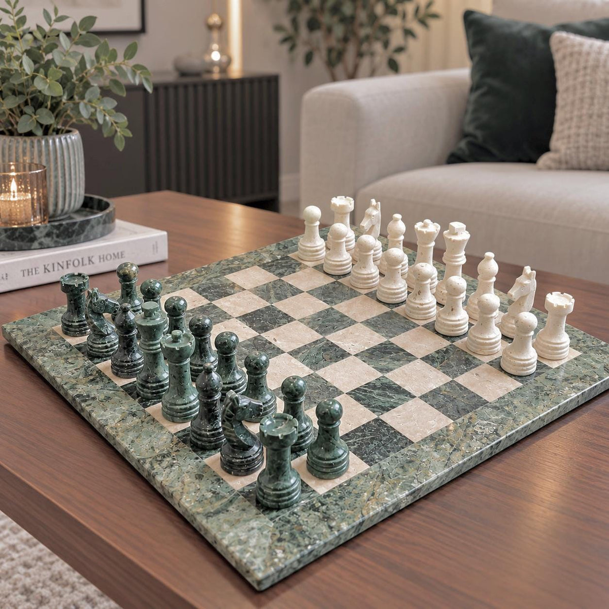 Handmade Marble Chess Set: Forest Green and Travertine Chess Board with Black Velvet Case