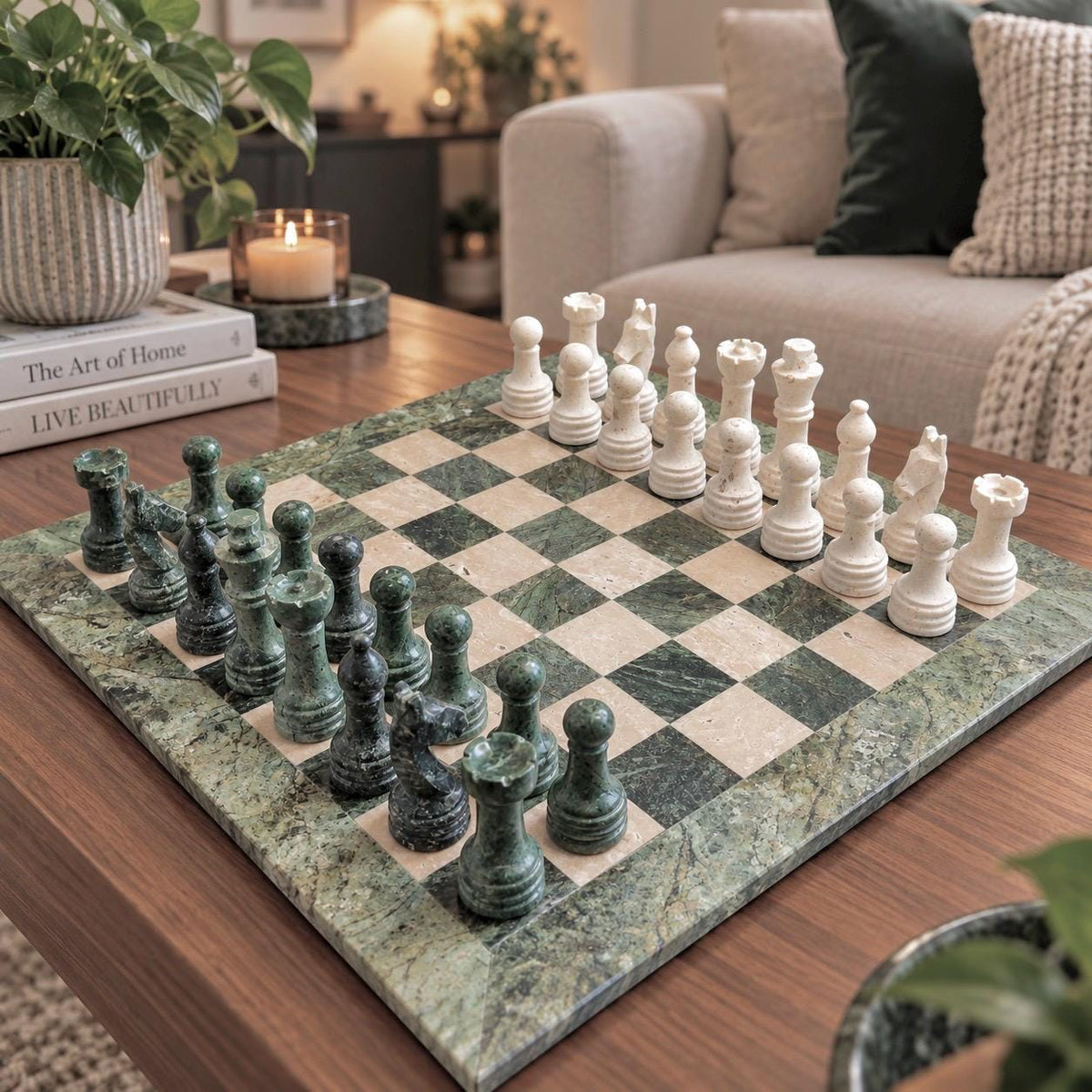Handmade Marble Chess Set: Forest Green and Travertine Chess Board with Black Velvet Case