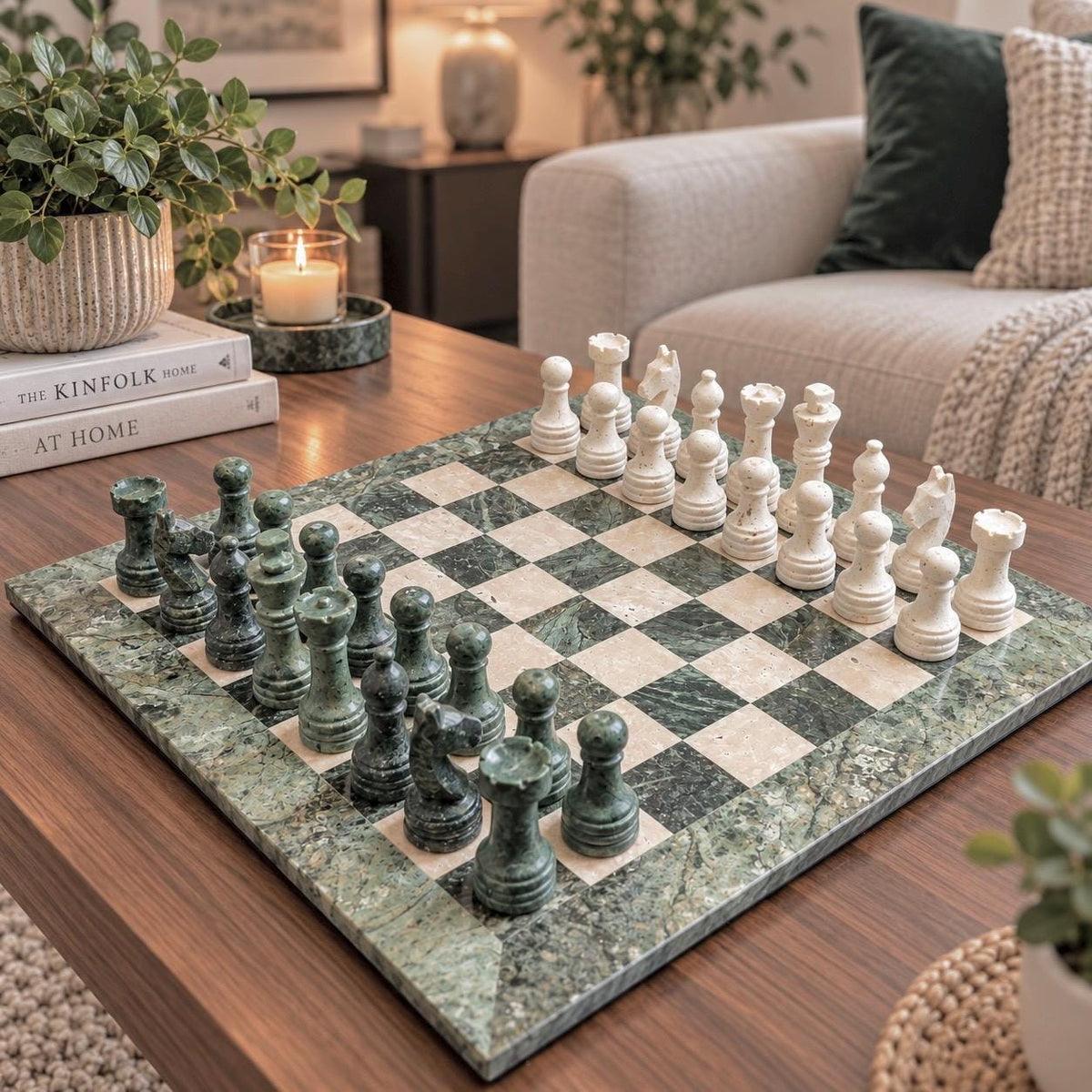 Handmade Marble Chess Set: Forest Green and Travertine Chess Board with Black Velvet Case