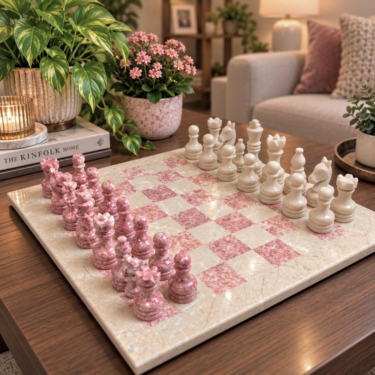 Handmade Marble Chess Set: Beige and Pink 10 x 10 inch Board with Checkers set and Velvet Case