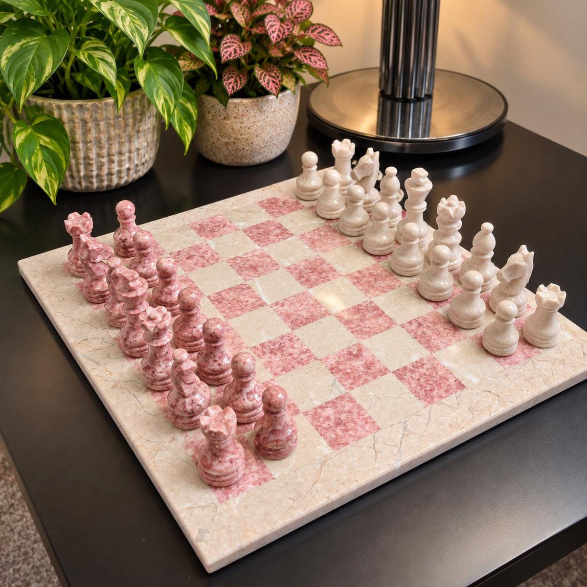 Handmade Marble Chess Set: Beige and Pink 10 x 10 inch Board with Checkers set and Velvet Case