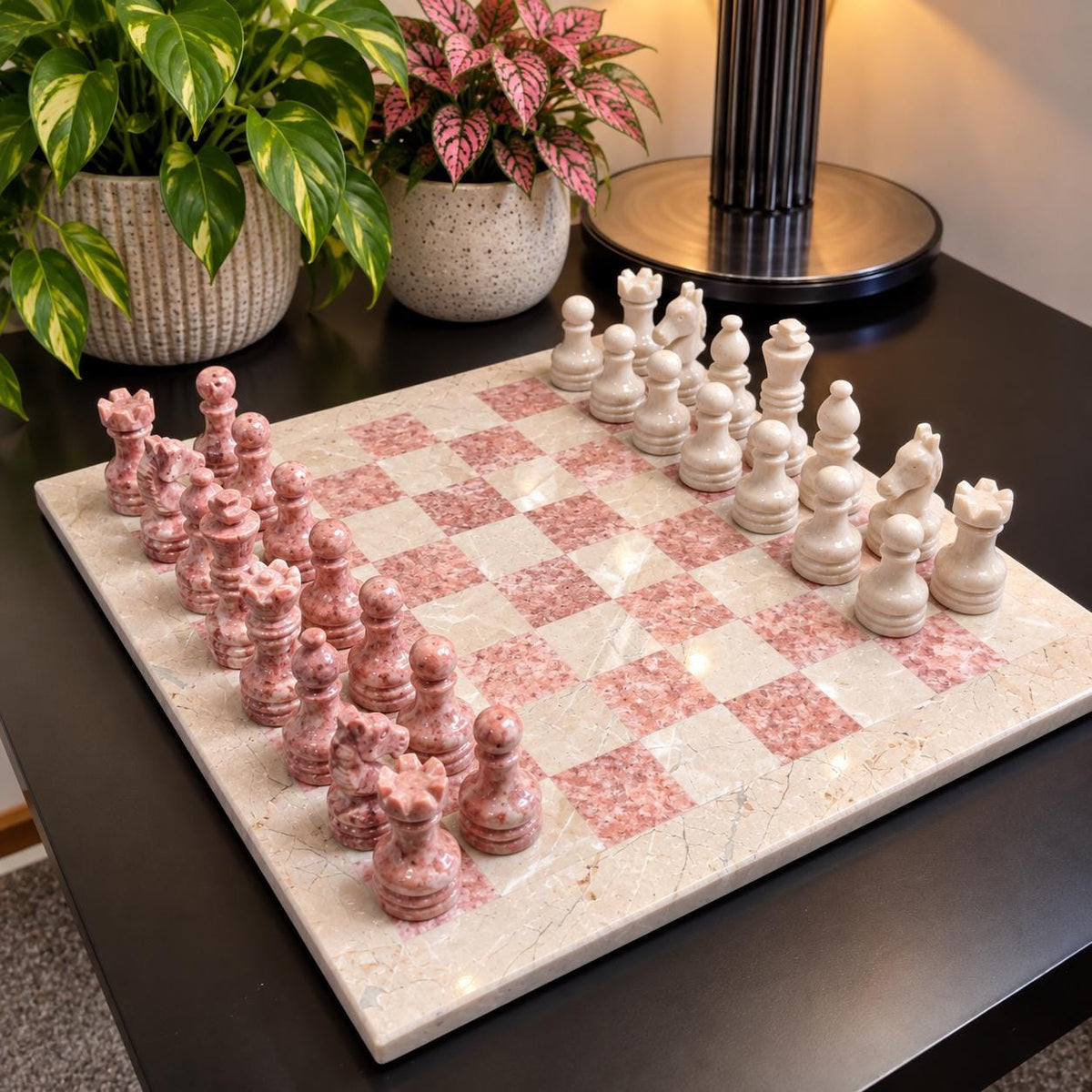 Handmade Marble Chess Set: Beige and Pink 10 x 10 inch Board with Checkers set and Velvet Case