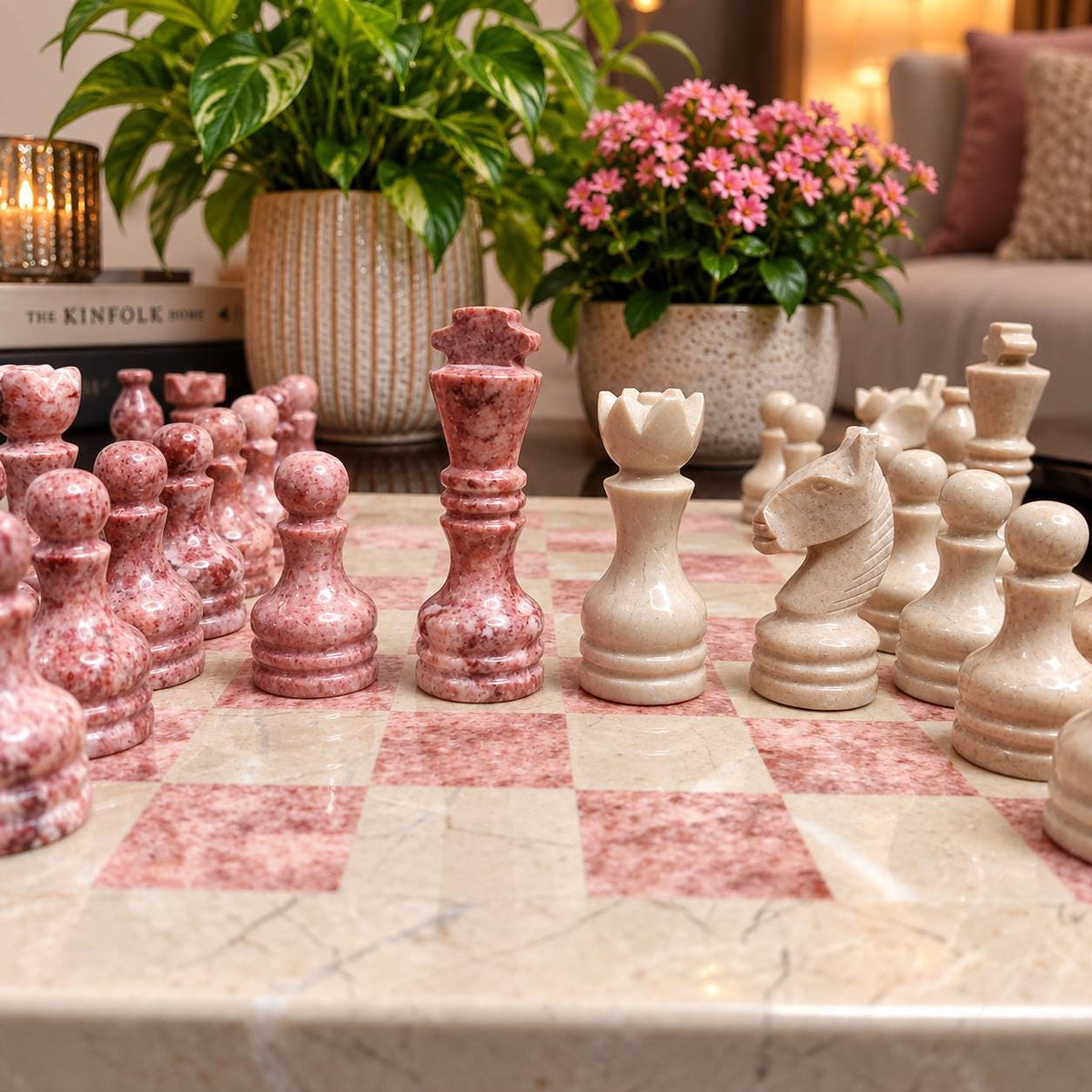 Handmade Marble Chess Set: Beige and Pink 10 x 10 inch Board with Checkers set and Velvet Case