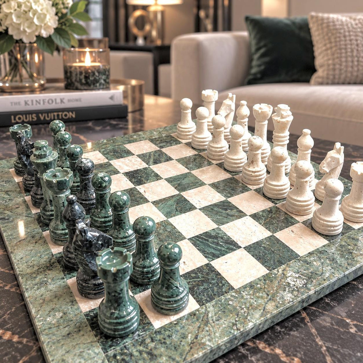 Handmade Marble Chess Set: Forest Green and Travertine Chess Board with Black Velvet Case