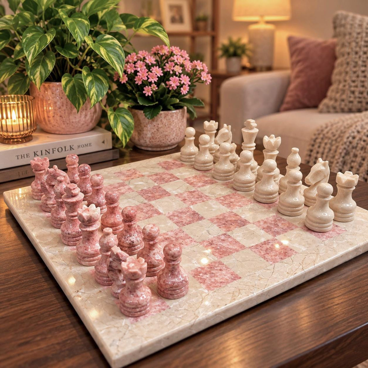 Handmade Marble Chess Set: Beige and Pink 10 x 10 inch Board with Checkers set and Velvet Case