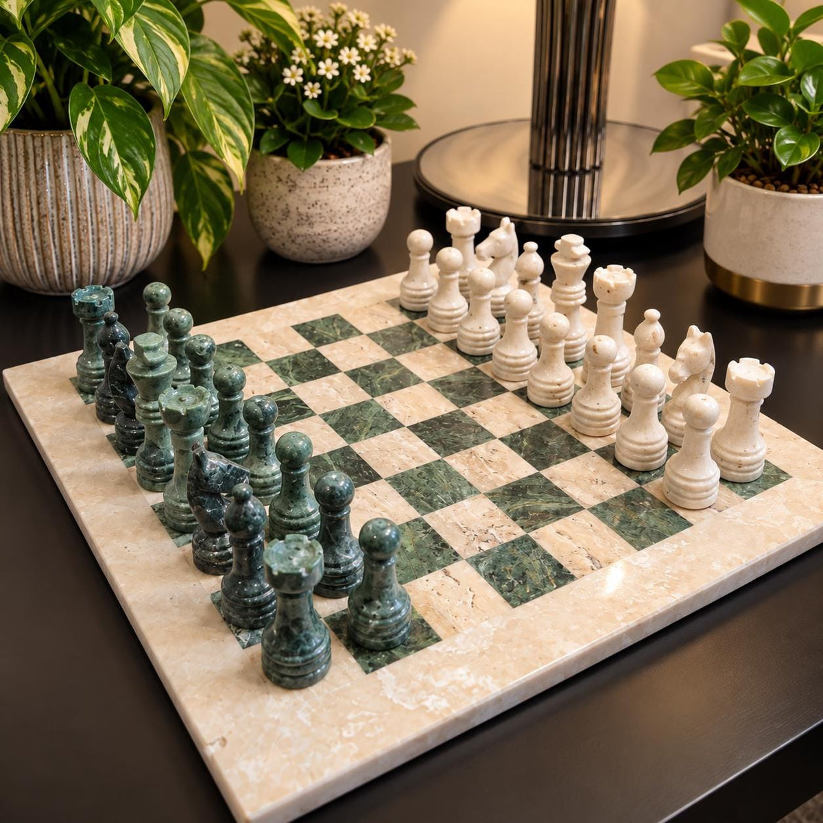 Handmade Marble Chess Set: Travertine and Forest Green Chess Board with Black Velvet Case