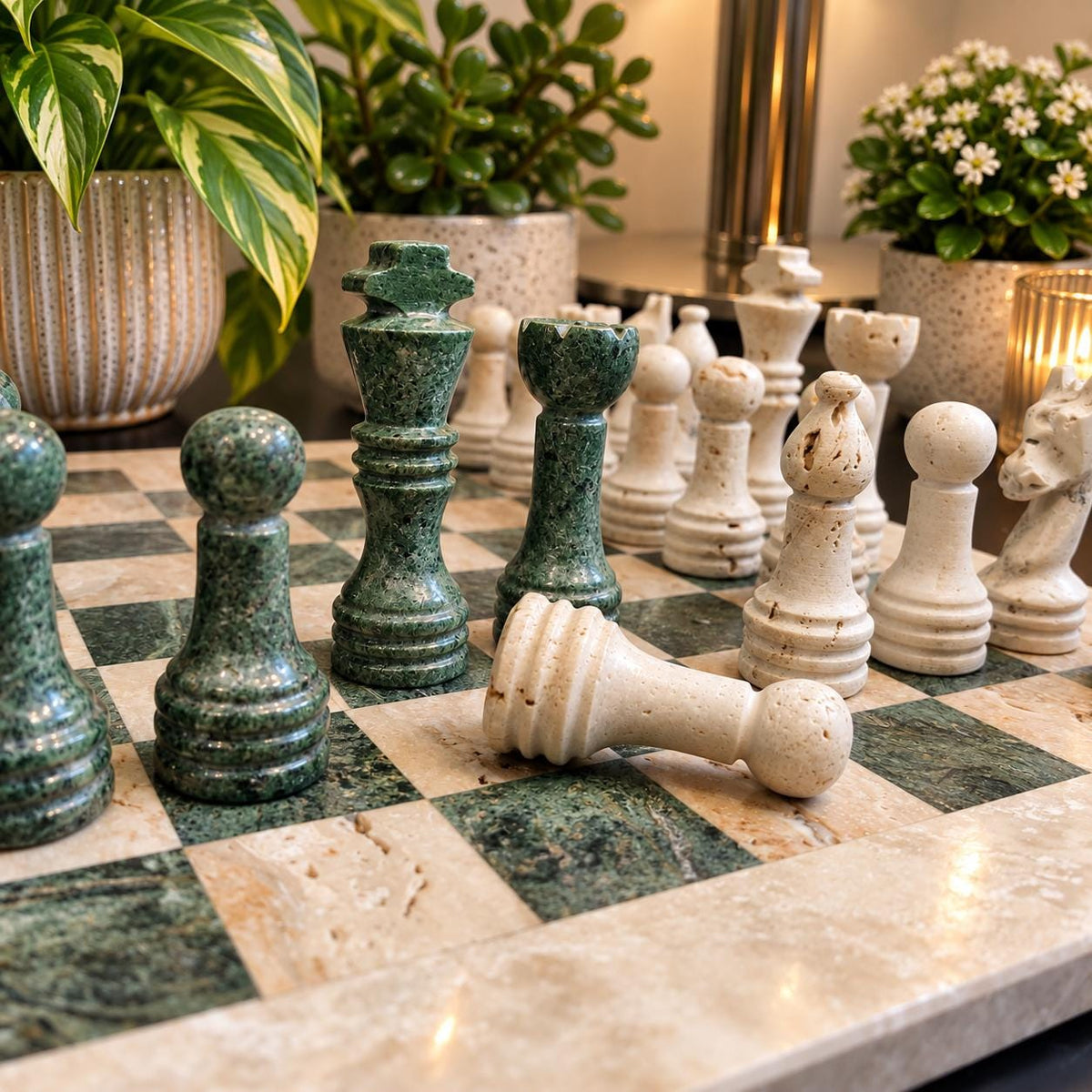 Handmade Marble Chess Set: Travertine and Forest Green Chess Board with Black Velvet Case
