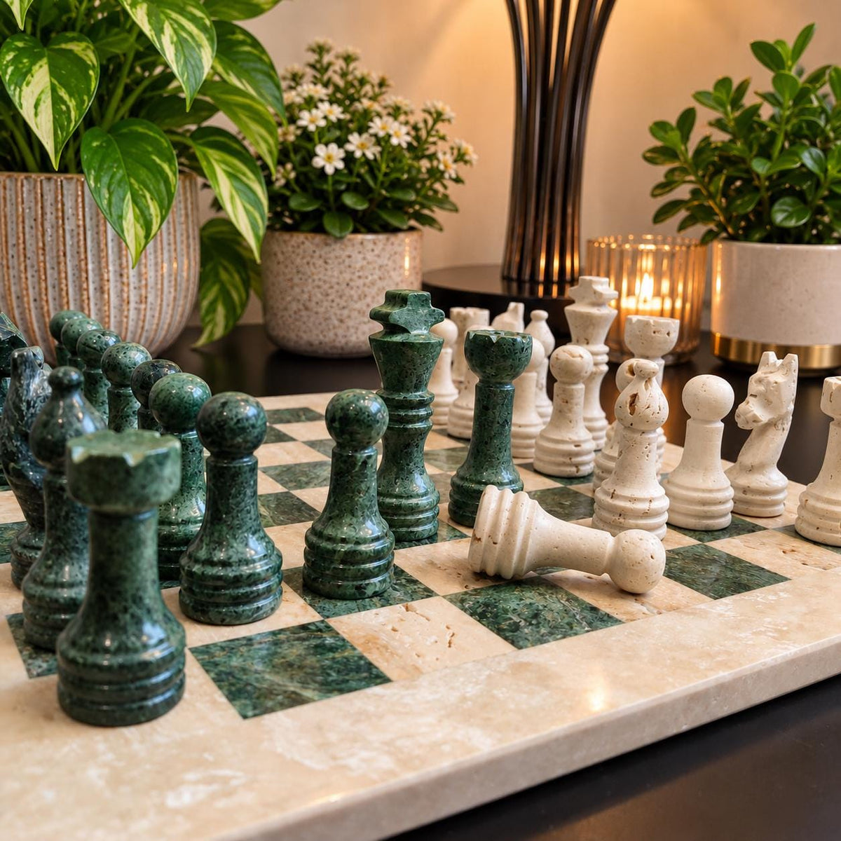 Handmade Marble Chess Set: Travertine and Forest Green Chess Board with Black Velvet Case