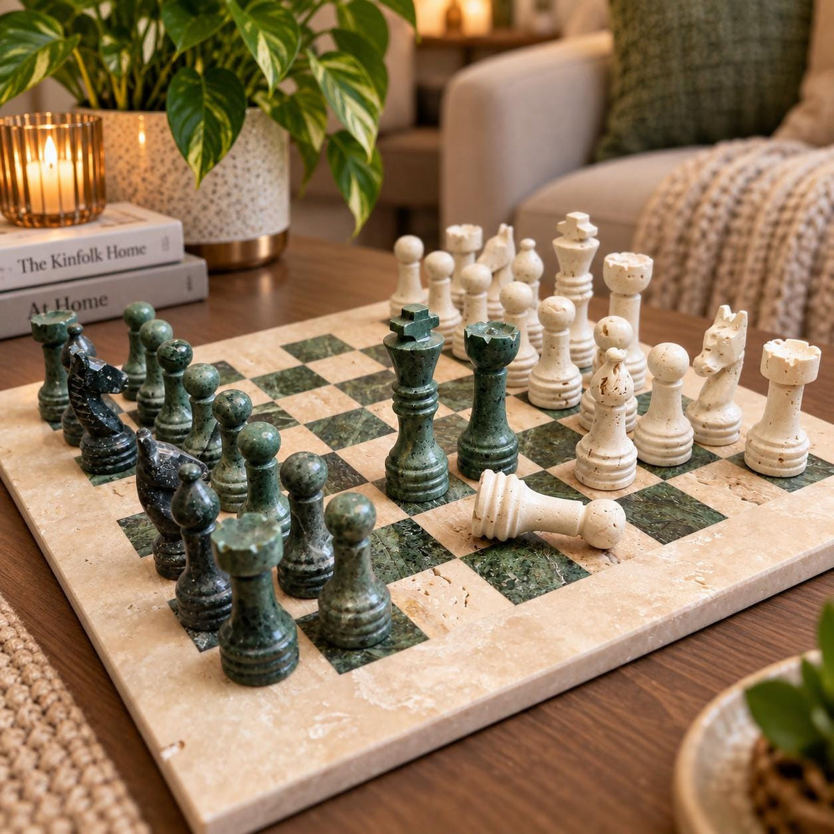 Handmade Marble Chess Set: Travertine and Forest Green Chess Board with Black Velvet Case