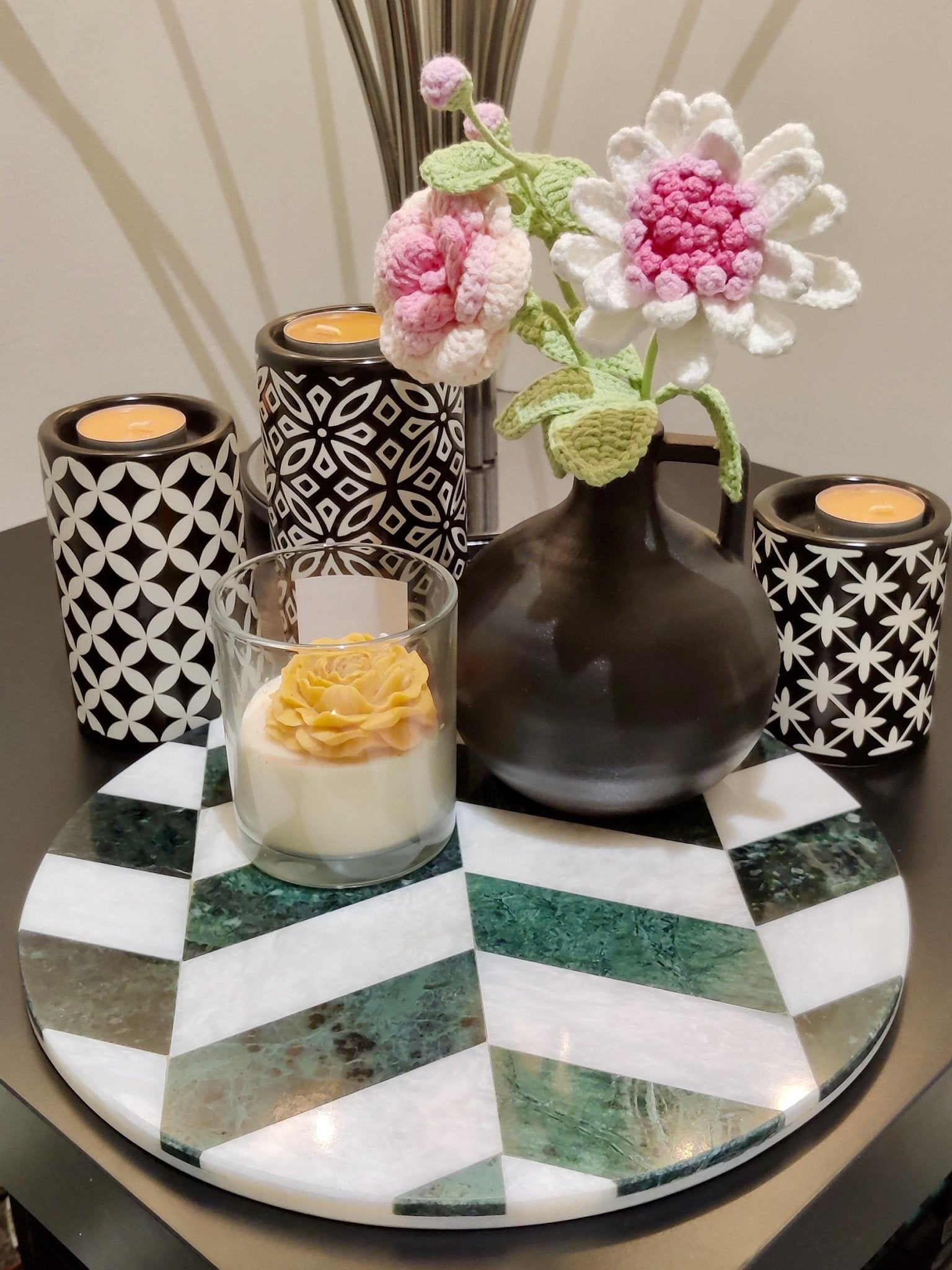 Mosaic Marble Round Tray: Natural Finish, Verde Green & White - GOFIRE OUTLET