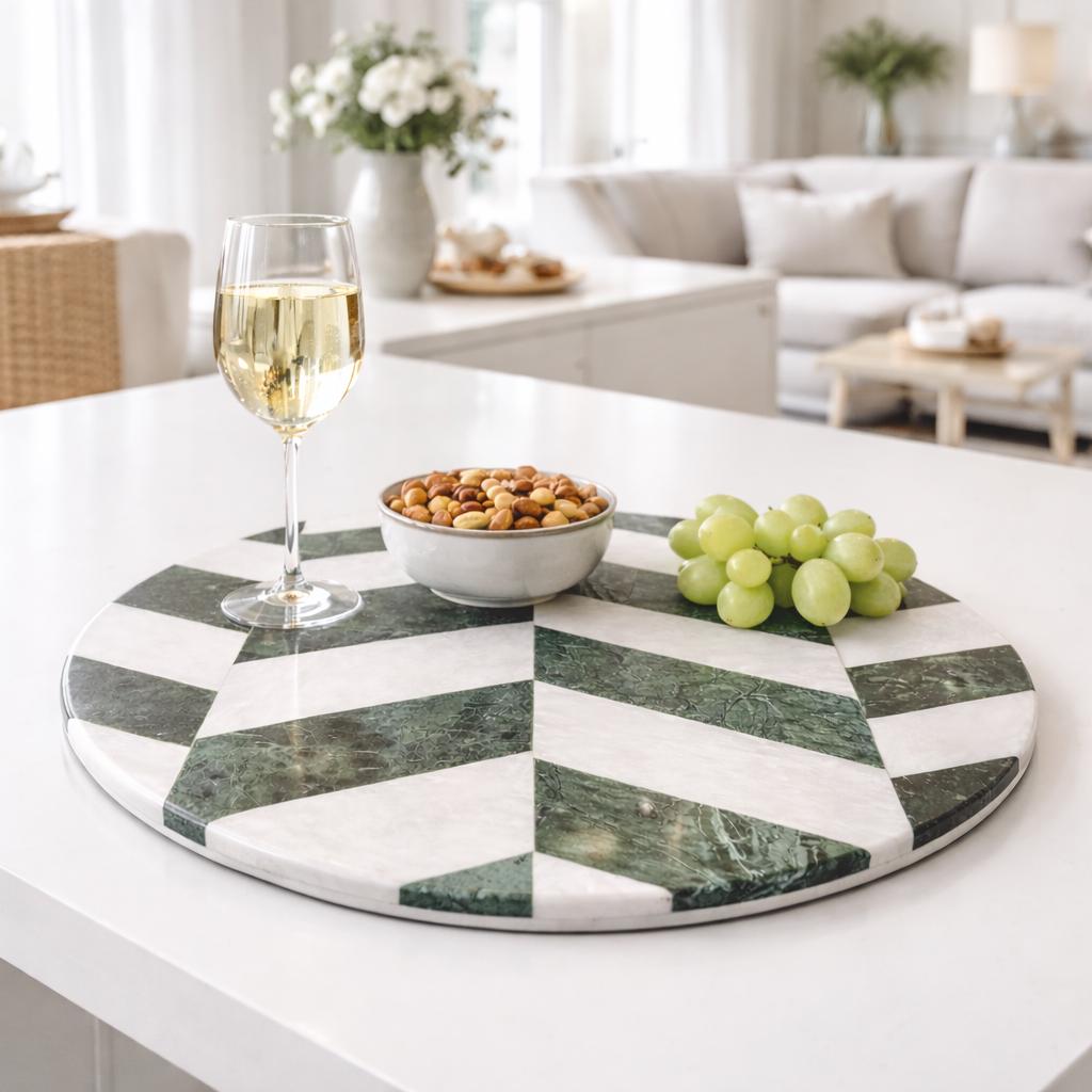 Mosaic Marble Round Tray: Natural Finish, Verde Green & White - GOFIRE OUTLET