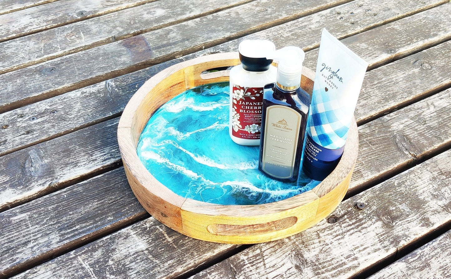 Ocean Resin Art Wooden Tray | Handcrafted Mango & Acacia Wood Tray for Home Décor & Gifts - GOFIRE OUTLET
