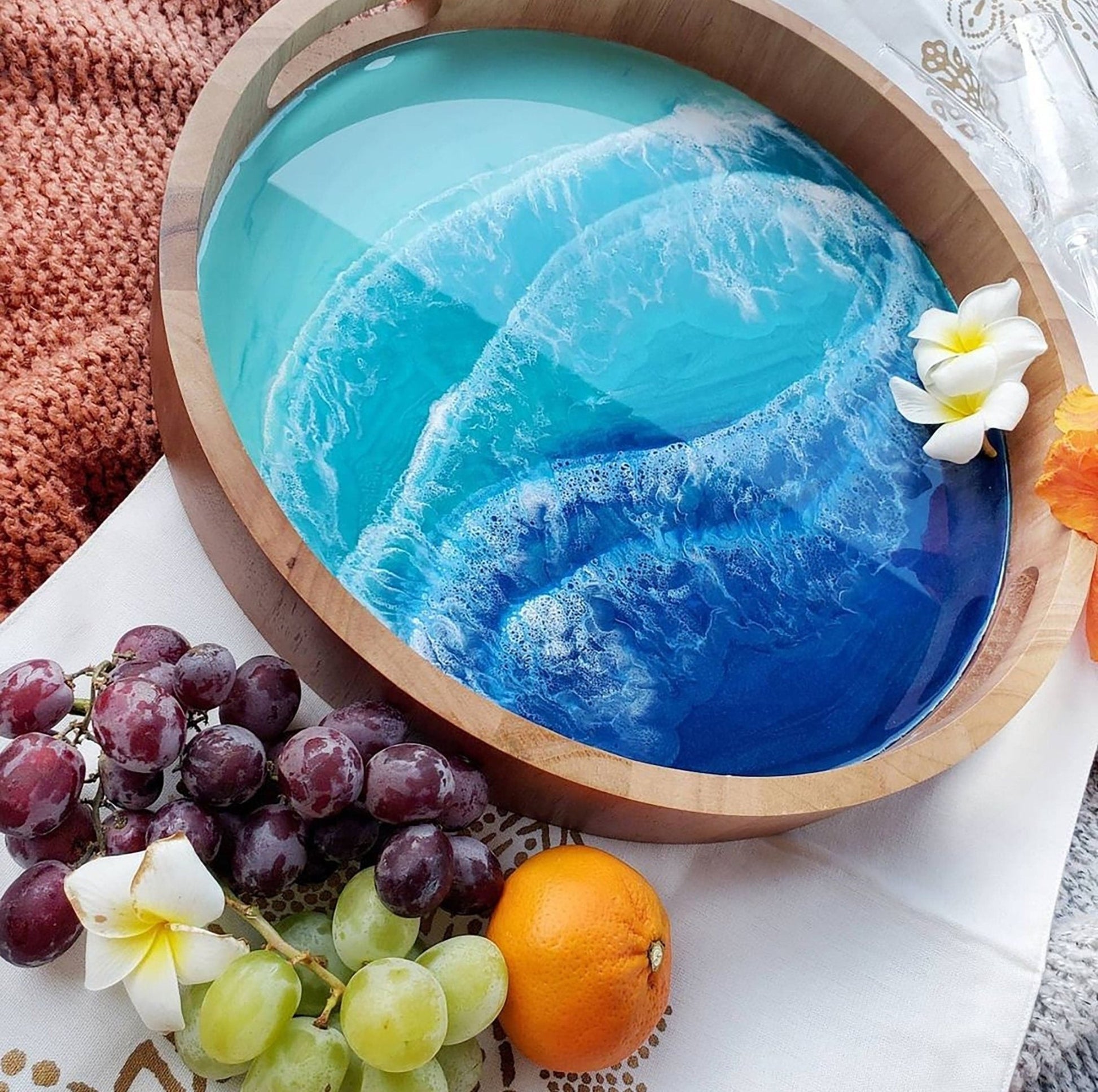 Ocean Resin Art Wooden Tray | Handcrafted Mango & Acacia Wood Tray for Home Décor & Gifts - GOFIRE OUTLET
