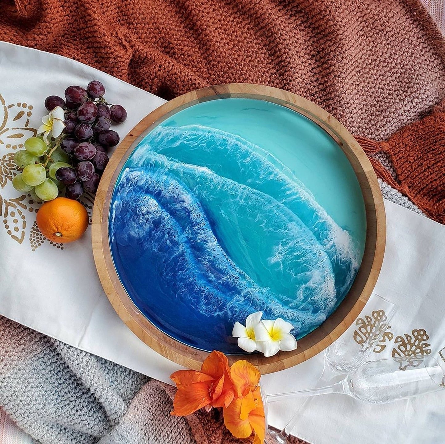 Ocean Resin Art Wooden Tray | Handcrafted Mango & Acacia Wood Tray for Home Décor & Gifts - GOFIRE OUTLET