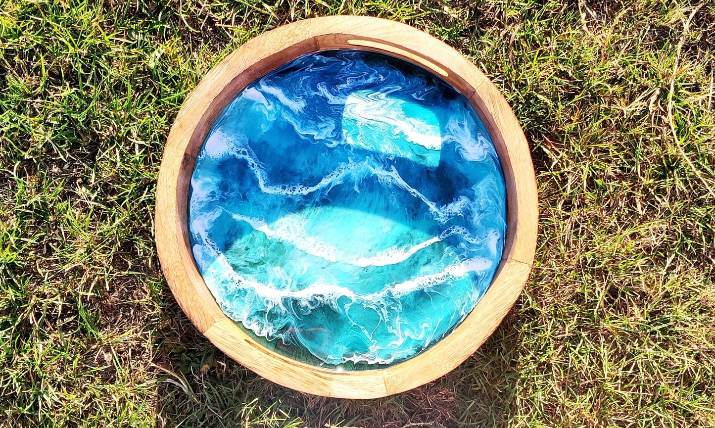 Ocean Resin Art Wooden Tray | Handcrafted Mango & Acacia Wood Tray for Home Décor & Gifts - GOFIRE OUTLET