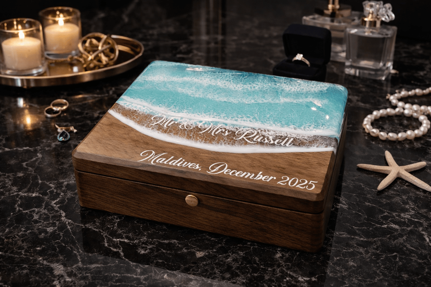 Ocean Resin Jewelry Box, Personalized Travel Case for Women, Gift For Her, Wooden Jewelry Organizer, Personalized Jewelry Box - GOFIRE OUTLET