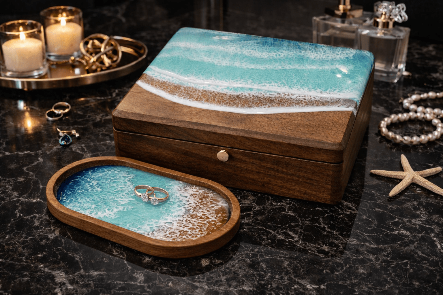 Ocean Resin Jewelry Box, Personalized Travel Case for Women, Gift For Her, Wooden Jewelry Organizer, Personalized Jewelry Box - GOFIRE OUTLET