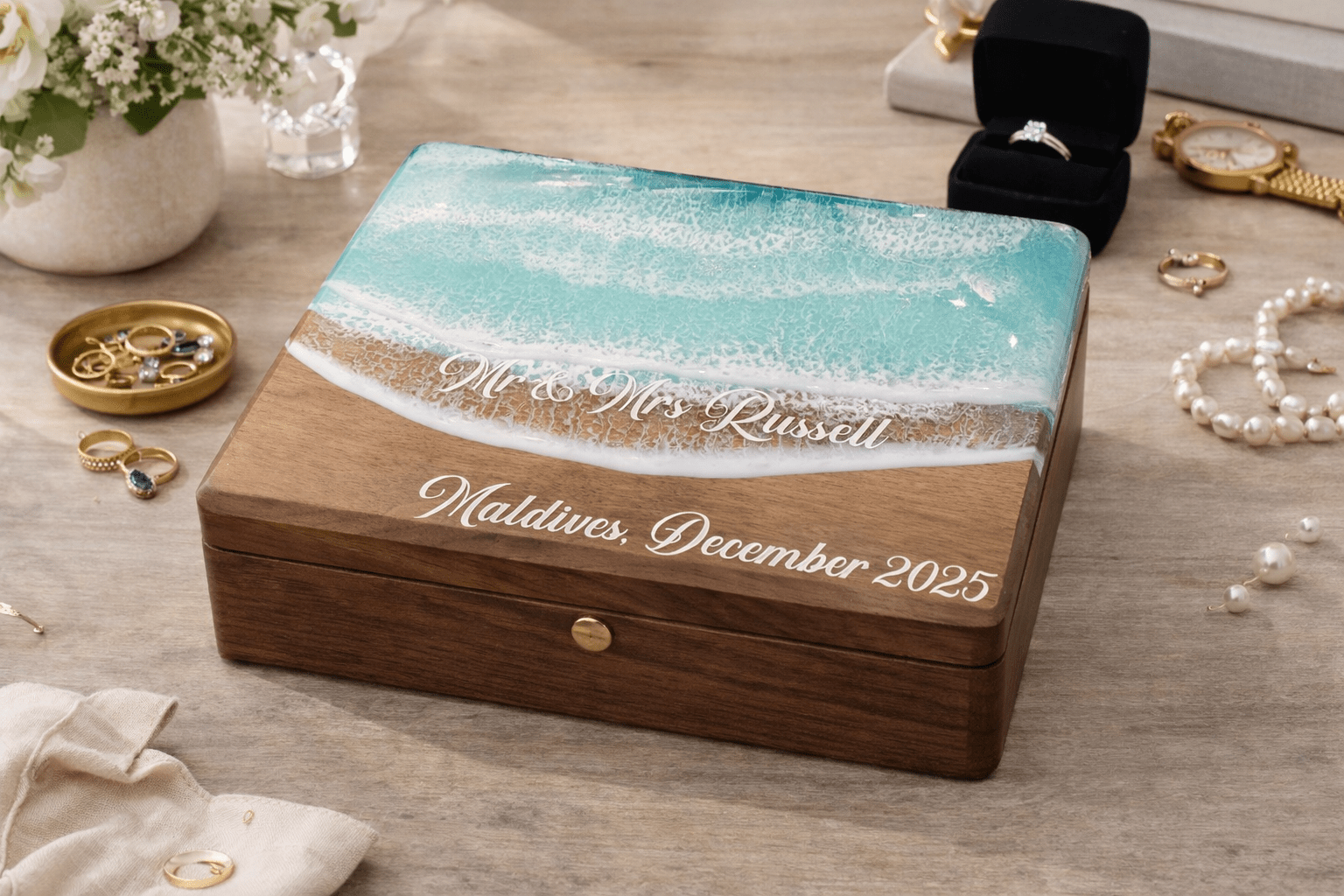 Ocean Resin Jewelry Box, Personalized Travel Case for Women, Gift For Her, Wooden Jewelry Organizer, Personalized Jewelry Box - GOFIRE OUTLET