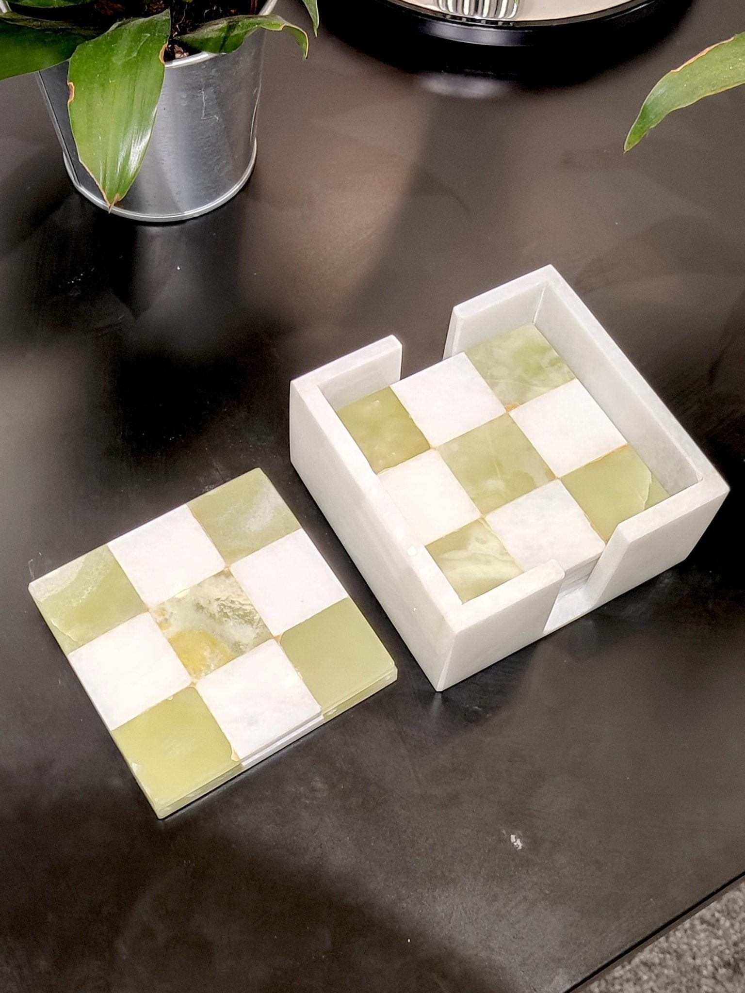Onyx Green & White Marble Coasters: Check Design, Set of 6 - GOFIRE OUTLET