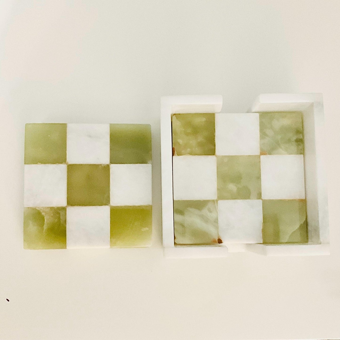 Onyx Green & White Marble Coasters: Check Design, Set of 6 - GOFIRE OUTLET