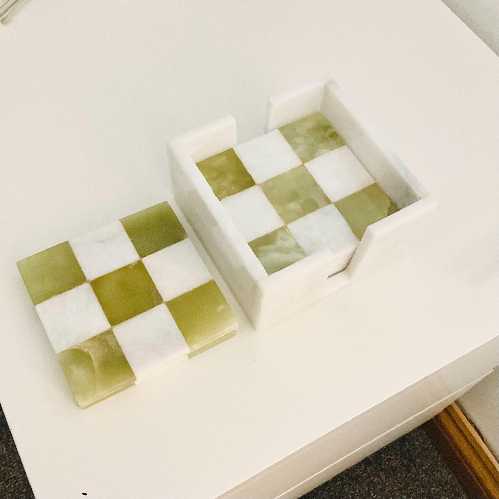 Onyx Green & White Marble Coasters: Check Design, Set of 6 - GOFIRE OUTLET