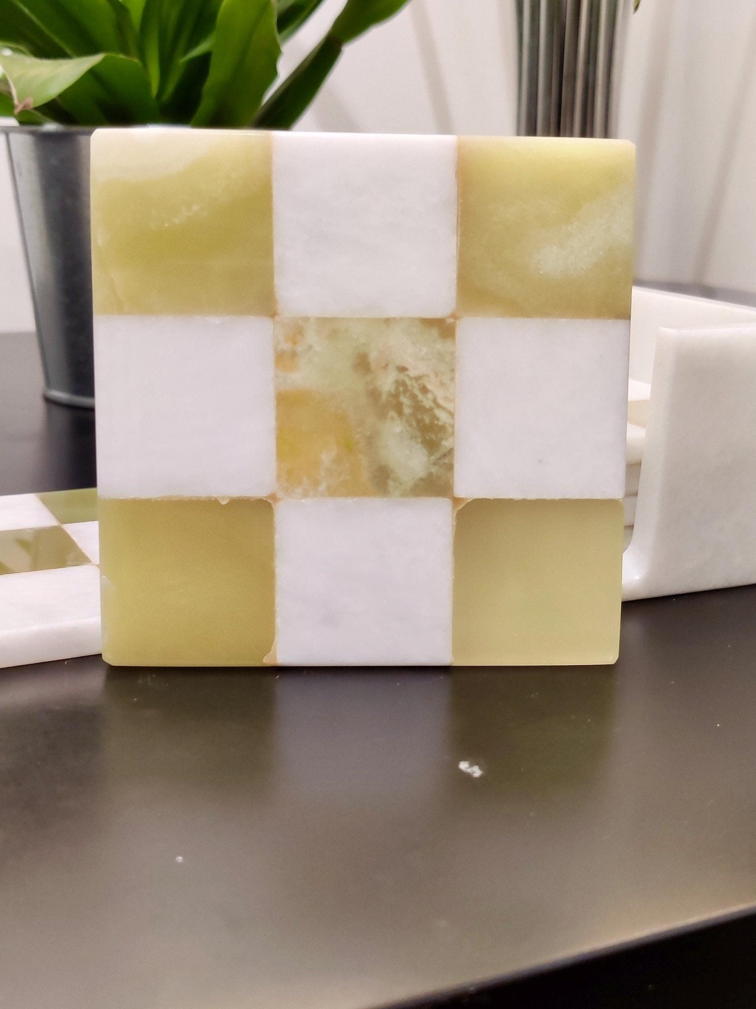 Onyx Green & White Marble Coasters: Check Design, Set of 6 - GOFIRE OUTLET